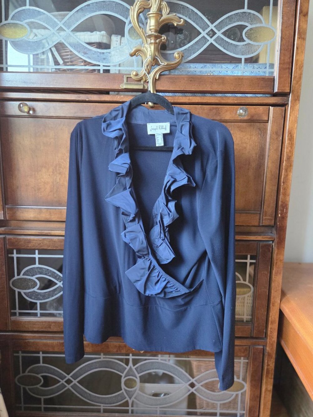 Exquisite Joseph Ribkoff Navy Ruffle Faux Wrap Top - Picture 3 of 7